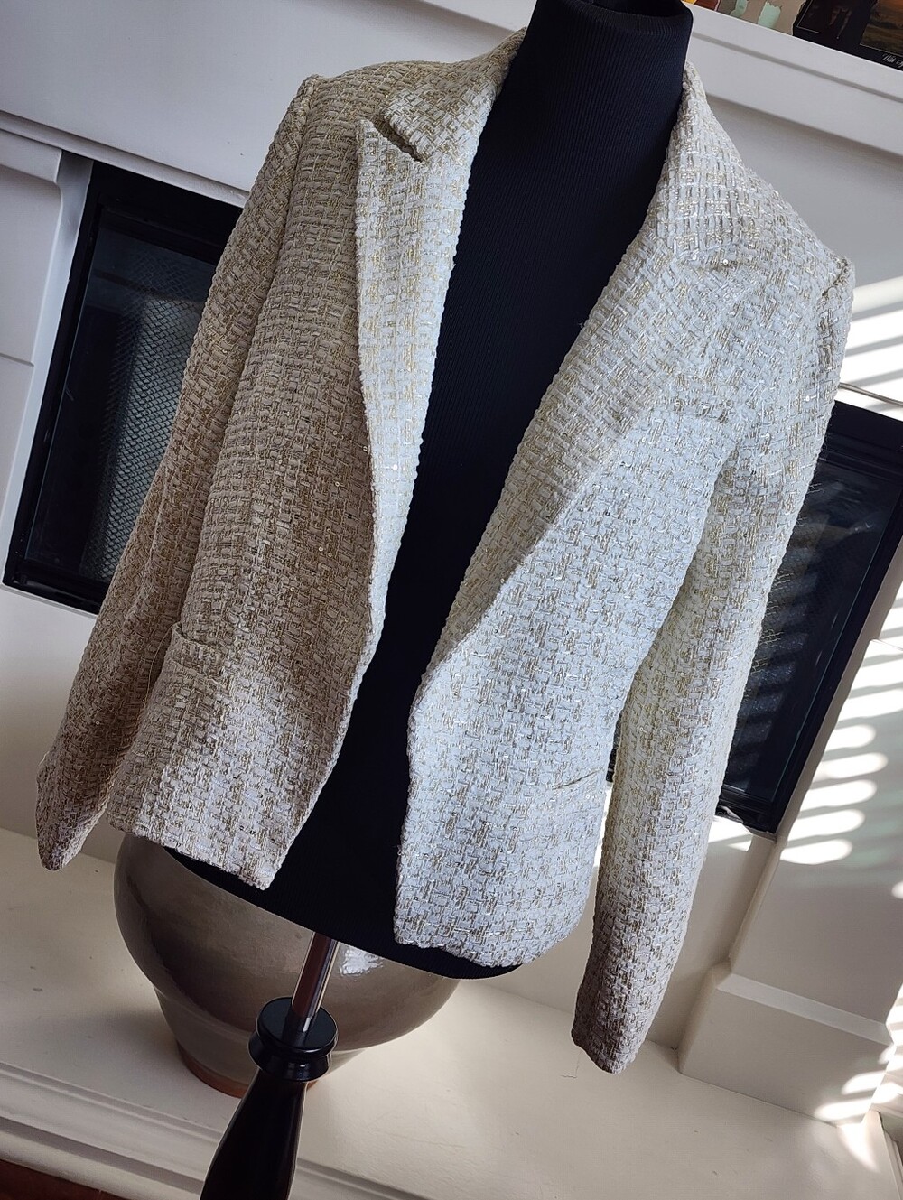 Joie Cream Tweed Cropped Blazer with Metallic Thread